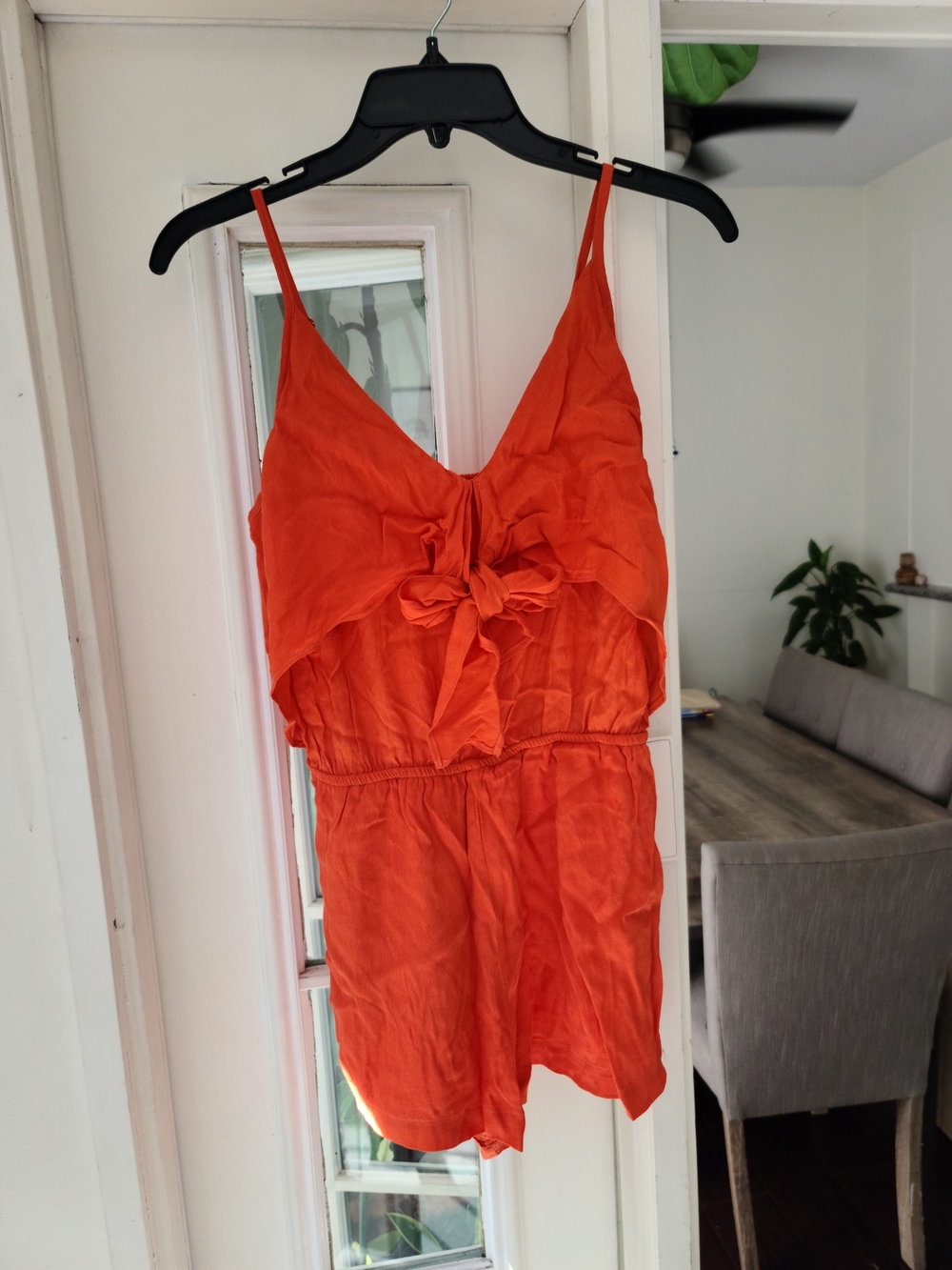 Sleeveless Orange Tie-Front Romper with Spaghetti Straps